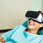 **Prompt:** A relaxed patient smiling comfortably in a modern dental chair, wearing VR glasses and listening to music, while a dentist performs a routine check-up. The dental office environment is bright and calming, with soft lighting and pastel colors. The scene should convey a sense of ease and distraction from any potential discomfort.