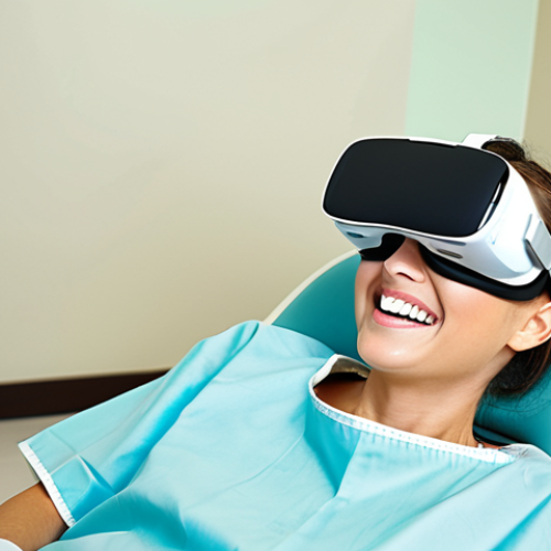 Home 15 **Prompt:** A relaxed patient smiling comfortably in a modern dental chair, wearing VR glasses and listening to music, while a dentist performs a routine check-up. The dental office environment is bright and calming, with soft lighting and pastel colors. The scene should convey a sense of ease and distraction from any potential discomfort.