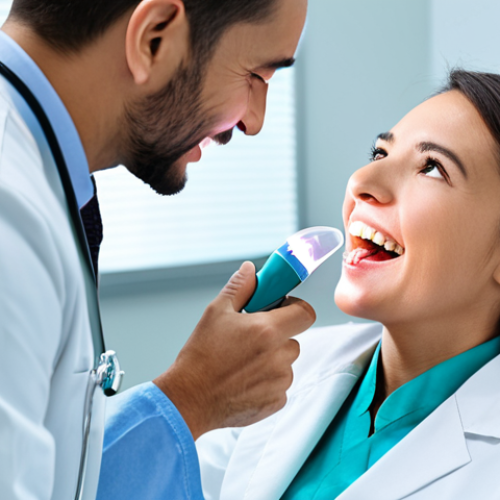 Home 7 A skilled professional female dentist, wearing a clean, modest white lab coat, is carefully examining a patient's teeth in a modern, brightly lit dental clinic. She is using a high-tech transillumination light tool, casting focused light on the patient's open mouth to detect a subtle dental fissure. The patient, a male adult, is sitting comfortably in the dental chair, fully clothed in appropriate attire, with a calm and cooperative expression. The background features blurred, advanced dental equipment, showcasing a sterile and professional environment. The image emphasizes precision, expertise, and innovative diagnostic techniques. safe for work, appropriate content, fully clothed, professional, perfect anatomy, correct proportions, natural pose, well-formed hands, proper finger count, natural body proportions, high quality, studio lighting.