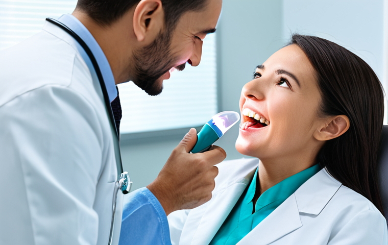 A skilled professional female dentist, wearing a clean, modest white lab coat, is carefully examining a patient's teeth in a modern, brightly lit dental clinic. She is using a high-tech transillumination light tool, casting focused light on the patient's open mouth to detect a subtle dental fissure. The patient, a male adult, is sitting comfortably in the dental chair, fully clothed in appropriate attire, with a calm and cooperative expression. The background features blurred, advanced dental equipment, showcasing a sterile and professional environment. The image emphasizes precision, expertise, and innovative diagnostic techniques. safe for work, appropriate content, fully clothed, professional, perfect anatomy, correct proportions, natural pose, well-formed hands, proper finger count, natural body proportions, high quality, studio lighting.