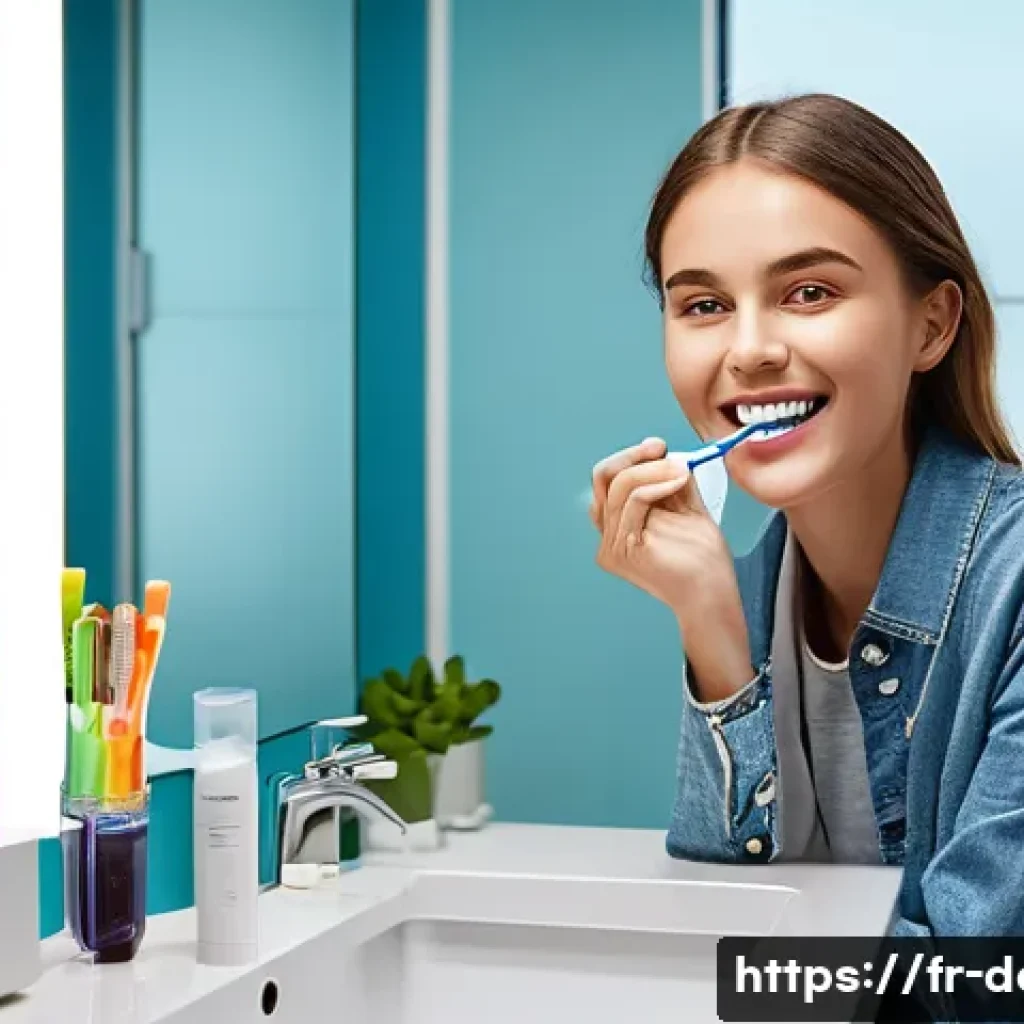 교정 중 구강 청결 관리 방법 - **Prompt:** A vibrant, well-lit scene in a modern French bathroom. A confident young adult, approxim...