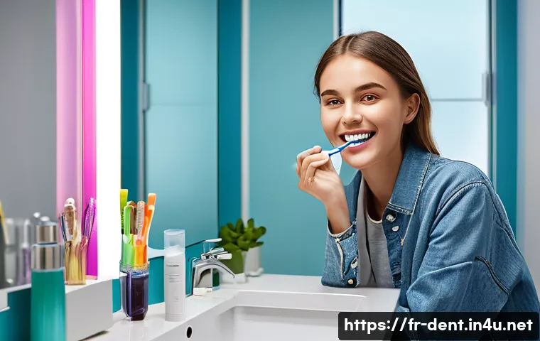 교정 중 구강 청결 관리 방법 - **Prompt:** A vibrant, well-lit scene in a modern French bathroom. A confident young adult, approxim...