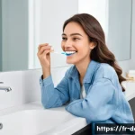 치아 미백 효과와 지속 시간 - A modern French bathroom scene featuring a young adult woman practicing meticulous oral hygiene afte...
