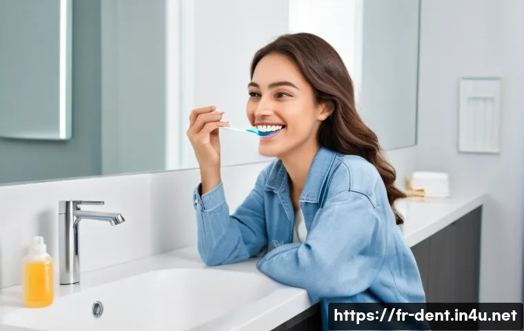 치아 미백 효과와 지속 시간 - A modern French bathroom scene featuring a young adult woman practicing meticulous oral hygiene afte...