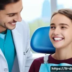 치아 교합 이상 치료와 비용 - A detailed, realistic dental clinic scene showing a French orthodontist adjusting traditional metal ...