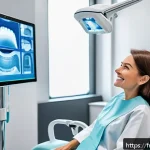 치아 성형과 라미네이트의 차이 - A modern dental clinic scene showcasing a professional dentist explaining the difference between aes...