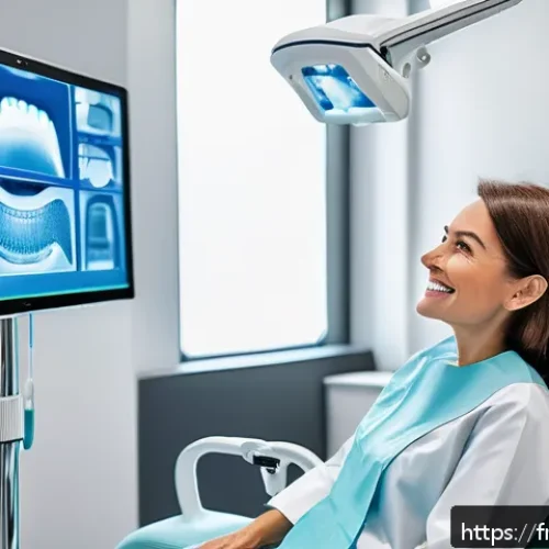 치아 성형과 라미네이트의 차이 - A modern dental clinic scene showcasing a professional dentist explaining the difference between aes...
