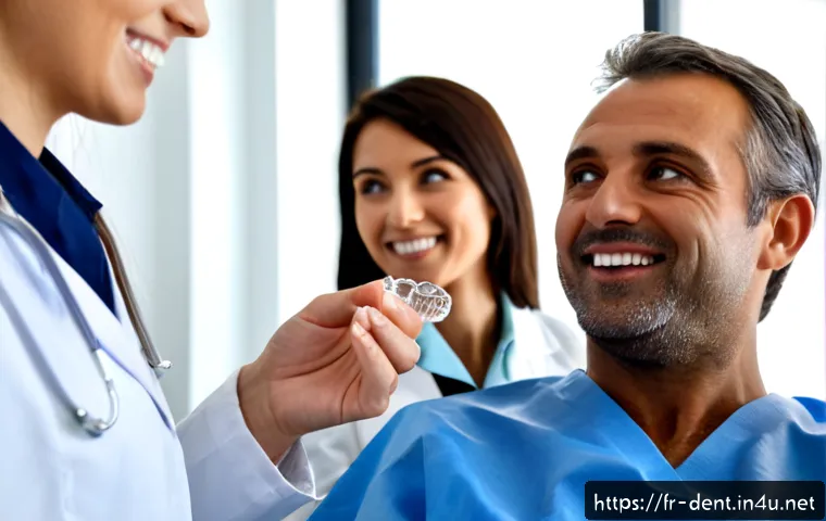 임플란트와 치아교정 동시 치료 가능성 - Photorealistic modern French dental clinic consultation, friendly middle-aged patient seated beside ...