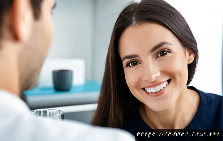 Home 17 치아 미백 후 커피 섭취 주의사항 - Photorealistic close-up in a bright modern French dental clinic, smiling adult woman with freshly wh...